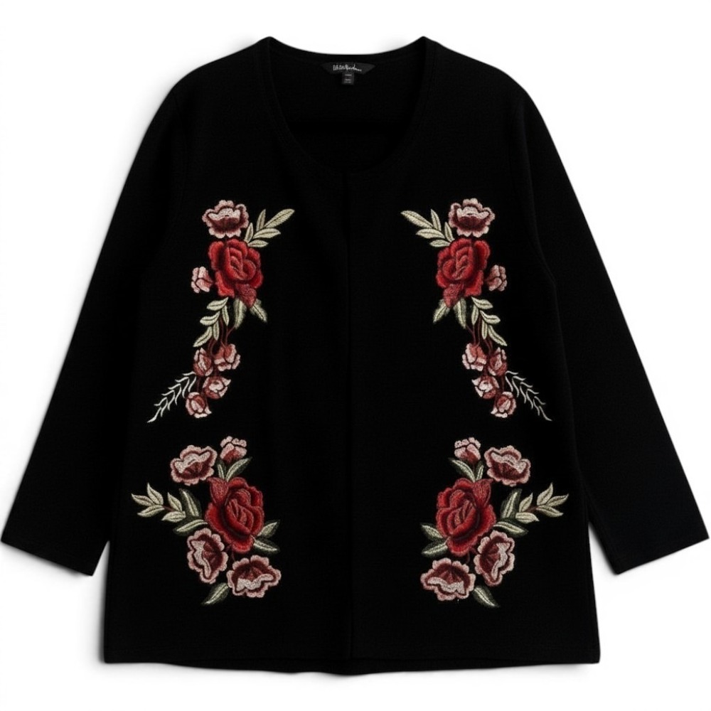 Ulla Popken Shirt Womens 20/22 Black Rose Embroidered Long Sleeve Tunic